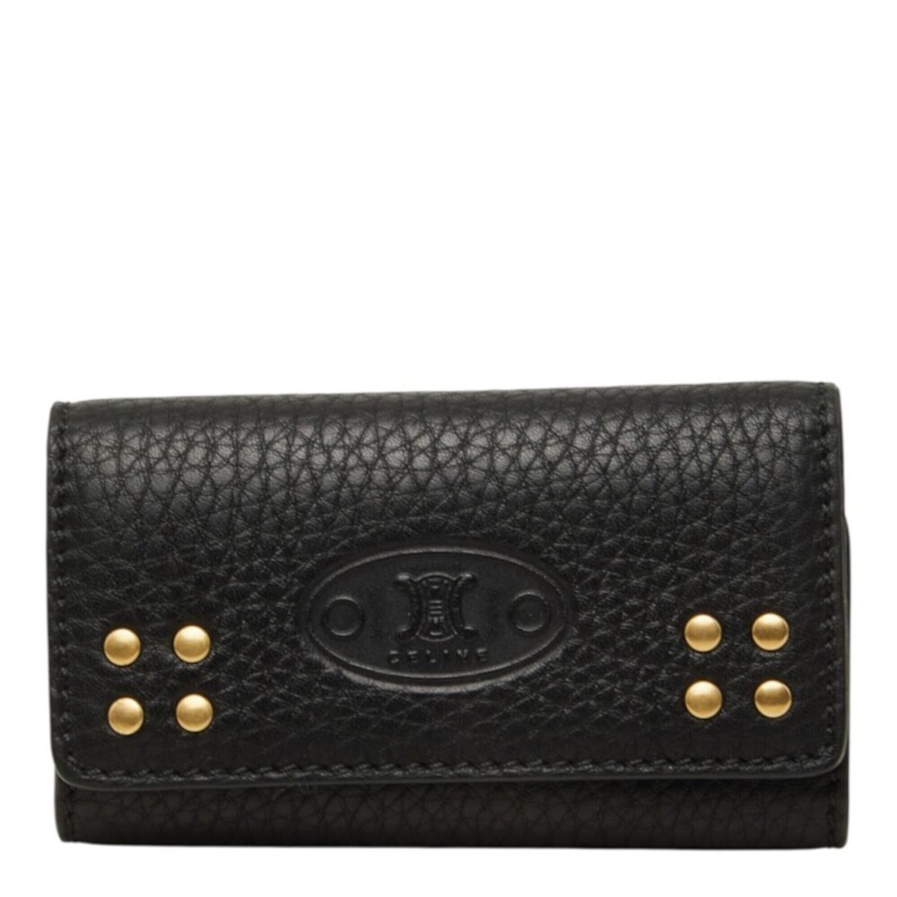 Celine Triomphe Key Case, Black Gold Leather, Women's CELINE